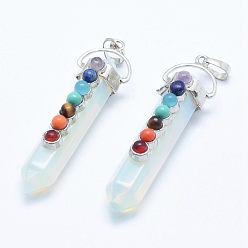 Opalite Chakra Jewelry, Opalite Double Terminated Pointed Pendants, with Natural & Synthetic Mixed Stone Alloy Findings, Bullet, Platinum, 58~61x16.5~18x15.5~16mm, Hole: 4.5x7.5mm