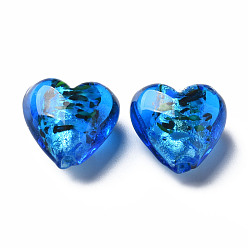 Синий Стеклянные бусины ручной работы лэмпворк из серебряной фольги, сердце, синие, 15~16x15.5x9~10 мм, отверстие : 1.2 мм