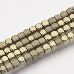 Chapado en Oro Ligero Electroplate hematites sintética hebras de perlas no magnéticas, Con estilo mate, cubo, chapado en oro de la luz, 3x3x3 mm, agujero: 1 mm, sobre 142 unidades / cadena, 15.7 pulgada