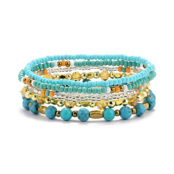 Turquoise Synthétique 5 pcs 5 style synthétique turquoise (teint) et hématite et perles de verre ensemble de bracelets extensibles, bracelets empilables pour femmes filles, diamètre intérieur: 2-1/8 pouce (5.5~5.6 cm), 5 pièces / kit