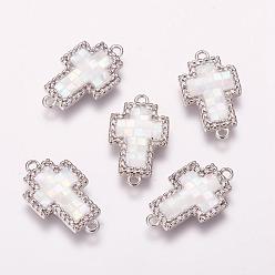 Platinum Brass Micro Pave Cubic Zirconia Links, with Freshwater Shell, Cross, Platinum, 20x12x2.5mm, Hole: 1mm