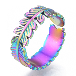 Rainbow Color Ion Plating(IP) 304 Stainless Steel Leaf Cuff Rings, Open Rings for Women Girls, Rainbow Color, US Size 6(16.5mm)