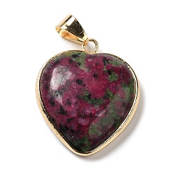 Ruby in Zoisite Natural Ruby in Zoisite Pendants, Heart Charms, with Golden Tone Iron and Brass Findings, 29x24~24.5x6~6.5mm, Hole: 7~7.3x3.8~4.3mm