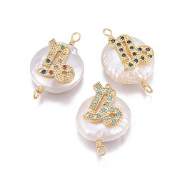 Capricorn Natural Pearl Links connectors, with Brass Micro Pave Cubic Zirconia Findings, Flat Round with Constellation, Golden, Mixed Color, Capricorn, 20~26x9~17x5~11mm, Hole: 1.6mm