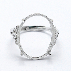 Platinum Rhodium Plated 925 Sterling Silver Finger Ring Components, with Cubic Zirconia, Adjustable, Platinum, Size 8 (18mm), 2mm wide, Tray: 15x20mm