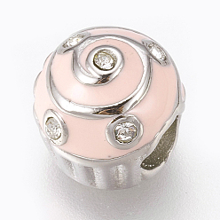 Stainless Steel Color 304 Stainless Steel European Beads, Large Hole Beads, with Enamel and Rhinestone, Cake, Misty Rose, Stainless Steel Color, 10x9.5mm, Hole: 4mm
