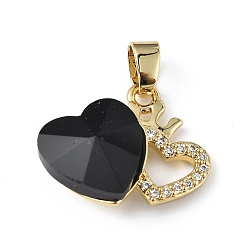 Black Real 18K Gold Plated Rack Plating Brass Micro Pave Clear Cubic Zirconia Pendants, with Glass, Long-Lasting Plated, Cadmium Free & Lead Free, Heart Charm, Black, 16x19.5x8mm, Hole: 5x3.2mm