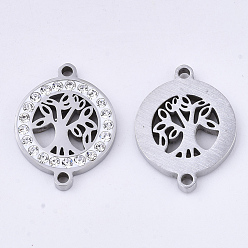 Stainless Steel Color 201 Stainless Steel Links connectors, with Polymer Clay Crystal Rhinestone, Flat Round with Tree of Life, Stainless Steel Color, 20x15x2.5mm, Hole: 1.6mm