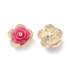 Deep Pink Brass Micro Pave Cubic Zirconia Beads, with Grade A Rhinestone & Resin, Lead Free & Cadmium Free, Long-Lasting Plated, Real 18K Gold Plated, Flower, Deep Pink, 18x11mm, Hole: 1mm
