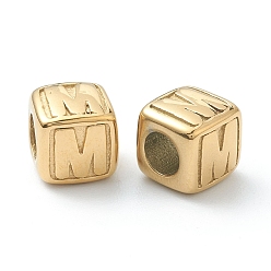 Letter M 304 Stainless Steel European Beads, Large Hole Beads, Horizontal Hole, Cube with Letter, Golden, Letter.M, 8x8x8mm, Hole: 4mm