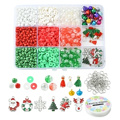Mixed Color DIY Christams Bracelet Making Kit, Including Glass Round & Polymer Clay Disc Beads, Wreath & Sock Alloy Enamel & Aluminum Bell & Polycotton Tassel Pendant, Mixed Color, 1053Pcs/box