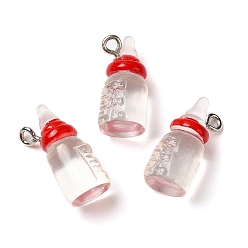 Rouge Pendentifs en résine transparente, charmes de bouteille de lait, avec boucles en alliage de zinc ton platine, rouge, 20x9mm, Trou: 2mm