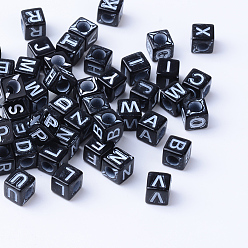 Noir Perles de lettre de trou horizontal acryliques artisanales, cube, noir, 6.5~7x6.5~7x6.5~7mm, Trou: 3.5mm, environ2000 pcs / 500 g