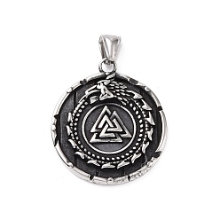 Antique Silver 304 Stainless Steel Pendants, Flat Round with Valknut & Helm of Awe, Antique Silver, 42x37x6.5mm, Hole: 4x8.5mm