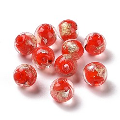 Red Handmade Gold Foil Lampwork Glass Beads, Round, Red, 8mm, Hole: 1.4mm