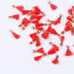 Red Polycotton(Polyester Cotton) Tassel Pendant Decorations, with Unwelded Iron Jump Rings, Golden, Red, 10~16x2mm, Hole: 1.5mm