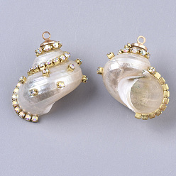 Floral White Natural Conch Shell Pendants, with Brass Rhinestone Cup Chains and Iron Loops, Golden, Floral White, 28.5~31x25.5~27.5x16~17.5mm, Hole: 1.8mm