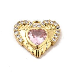 Pearl Pink Rack Plating Brass Micro Pave Cubic Zirconia Charms, Cadmium Free & Lead Free, Long-Lasting Plated, Heart with Wing Charm, Real 18K Gold Plated, Pearl Pink, 11x13x2.5mm, Hole: 1mm