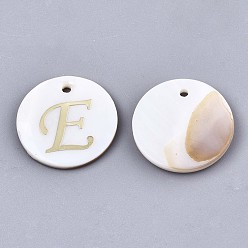 Letter E Natural Freshwater Shell Pendants, with Golden Plated Brass Etched Metal Embellishments, Flat Round with Letter, Letter.E, 15x2mm, Hole: 1.2mm