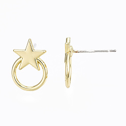 Light Gold Alloy Stud Earring Findings, with Steel Pin, Star with Plastic Protective Cover, Light Gold, 13.5x9.5mm, Hole: 5.5x6.5mm, Pin: 0.7mm