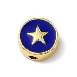 Bleu Laiton perles d'émail, plaqué longue durée, sans cadmium et sans plomb, réel 18 k plaqué or, plat et circulaire avec étoile, bleu, 11x4.5mm, Trou: 1.8mm
