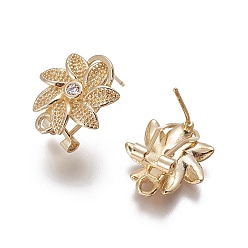 Golden Brass Micro Pave Cubic Zirconia Stud Earring Findings, with Loop, Flower, Clear, Golden, 17x15x9mm, Hole: 1.8mm, Pin: 0.7mm
