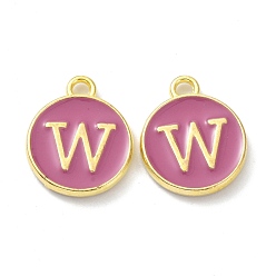 Letter W Golden Plated Alloy Enamel Charms, Cadmium Free & Lead Free, Enamelled Sequins, Flamingo, Flat Round with Letter, Letter.W, 14x12x2mm, Hole: 1.4mm