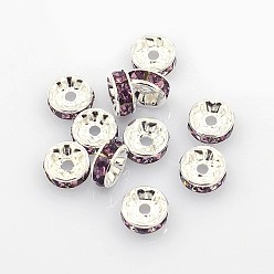 Light Amethyst Brass Grade A Rhinestone Spacer Beads, Silver Color Plated, Nickel Free, Light Amethyst, 10x4mm, Hole: 2mm