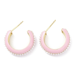 Pink Пластиковые жемчужные бусины для ушей для женщин, серьги-гвоздики из латуни с позолотой 18k, без свинца и без кадмия, долговечный, розовые, 25x22x5.5 мм, штифты : 0.8 мм