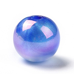 Bleu Placage uv perles acryliques irisées arc-en-ciel, avec de la poudre de paillettes, ronde, bleu, 15mm, Trou: 3.2mm