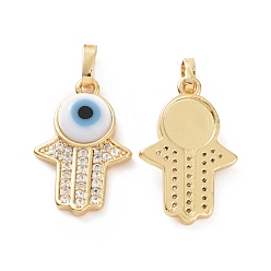 White Brass Micro Pave Cubic Zirconia Pendants, with Handmade Evil Eye Lampwork, Hamsa Hand Charm, Real 18K Gold Plated, White, 23x15x4mm, Hole: 4x6.5mm