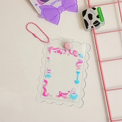 Clear PVC Photocard Sleeve Keychain, with Ball Chains, Wave-Edged Rectangle with Hot Pink Ribbon Pattern, Clear, 110x80mm, Inner Diameter: 100x64mm
