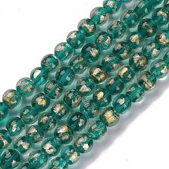 Verde Perlas de cristal de murano de arena de oro hecho a mano hilos, rondo, verde, 10.5x9.5 mm, agujero: 1.6 mm, sobre 30 unidades / cadena, 11.26 pulgada (28.6 cm)