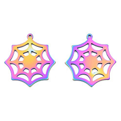 Rainbow Color Ion Plating(IP) 201 Stainless Steel Pendants, Halloween Style, Spider Web, Rainbow Color, 28x25.5x1mm, Hole: 1.4mm