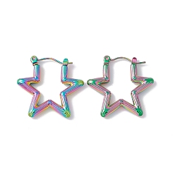 Rainbow Color Placage ionique (ip) 304 boucles d'oreilles créoles étoile en acier inoxydable pour femmes, couleur arc en ciel, 23x25x2mm, pin: 0.6 mm