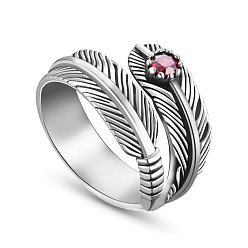 Antique Silver SHEGRACE Antique Feather 925 Sterling Silver Cuff Rings, Open Rings, with Red Zircon, Antique Silver, 18mm