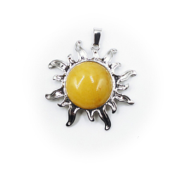 Yellow Jade Natural Yellow Jade Pendants, Sun Charms, with Platinum Plated Alloy Findings, 39x39mm