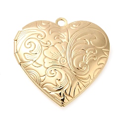 Real 14K Gold Plated Brass Locket Pendants, Photo Frame Pendants for Necklaces, Cadmium Free & Lead Free, Heart with Flower Charm, Real 14K Gold Plated, 29x28.5x7mm, Hole: 2mm, Inner Diameter: 20x21mm