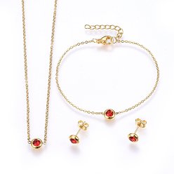 Golden 304 Stainless Steel Jewelry Sets, Pendant Necklaces & Stud Earrings & Bracelets, with Rhinestones, Flat Round, Red, Golden, 16.54 inch(42cm), 6-3/4 inch(17cm), 6.5x3.5mm, Pin: 0.8mm