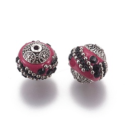 Camellia Handmade Indonesia Beads, with Jet Rhinestones and Alloy Cores, Round, Antique Silver, Camellia, 14~16x14~16mm, Hole: 1.5mm