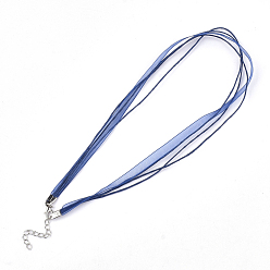 Dark Blue Waxed Cord and Organza Ribbon Necklace Making, with Iron Lobster Claw Clasps, Platinum, Dark Blue, 17.6 inch~17.8 inch(45~455cm), 7mm