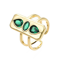 Зеленый Прямоугольное открытое кольцо-манжета из кубического циркония, широкое женское кольцо из латуни с покрытием из настоящего золота 18k с двойной линией, без никеля , зелёные, размер США 7 1/4 (17.5 мм)
