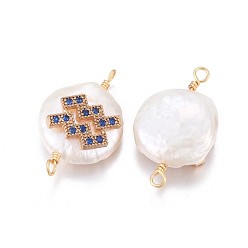 Aquarius Natural Pearl Links connectors, with Brass Micro Pave Cubic Zirconia Findings, Flat Round with Constellation, Golden, Marine Blue, Aquarius, 20~26x9~17x5~11mm, Hole: 1.6mm