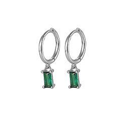 Green Platinum Rhodium Plated 925 Sterling Silver Dangle Hoop Earrings for Women, Rectangle, Green, 19.8mm