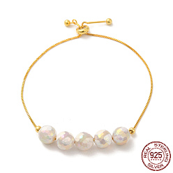 Seashell Color Real 18K Gold Plated 925 Sterling Silver Slider Bracelets, with Dyed Natural Agate Round Beaded, with S925 Stamp, Seashell Color, 8-5/8 inch(22cm)