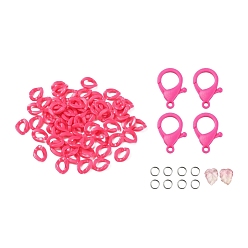 Rosa Oscura Kits de fabricación de cadenas de máscaras de bricolaje, incluyendo 304 anillos de salto de acero inoxidable, anillos de enlace de acrílico opacos, dijes de vidrio transparente y cierres de pinza de langosta de plástico, de color rosa oscuro, 13.5x10.5x3.5 mm, agujero: 1.2 mm, 94 unidades / bolsa