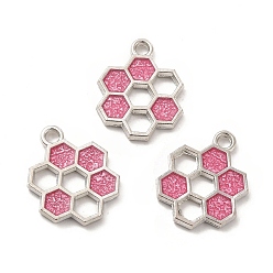 Pink Alloy Enamel Pendants, Honeycomb Charm, Platinum, Pink, 19x15x1.5mm, Hole: 2mm