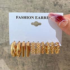 Doré  Boucles d'oreilles en alliage Twist Wave & Rectangle, boucles d'oreilles demi-créoles avec perles d'imitation pour femme, or, 20~49mm, 5 styles, 1 paire/style, 5 paires / ensemble