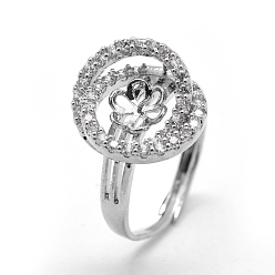 Platine Laiton composants d'anneau pour les doigts, avec zircons, pour la moitié de perles percées, réglable, platine, 19.5mm