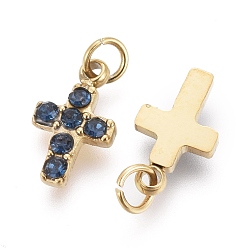 Sapphire 316 Surgical Stainless Steel Tiny Cross Charms, with Rhinestone and Jump Rings, Golden, Sapphire, 8.5x5x1.5mm, Hole: 1.6mm